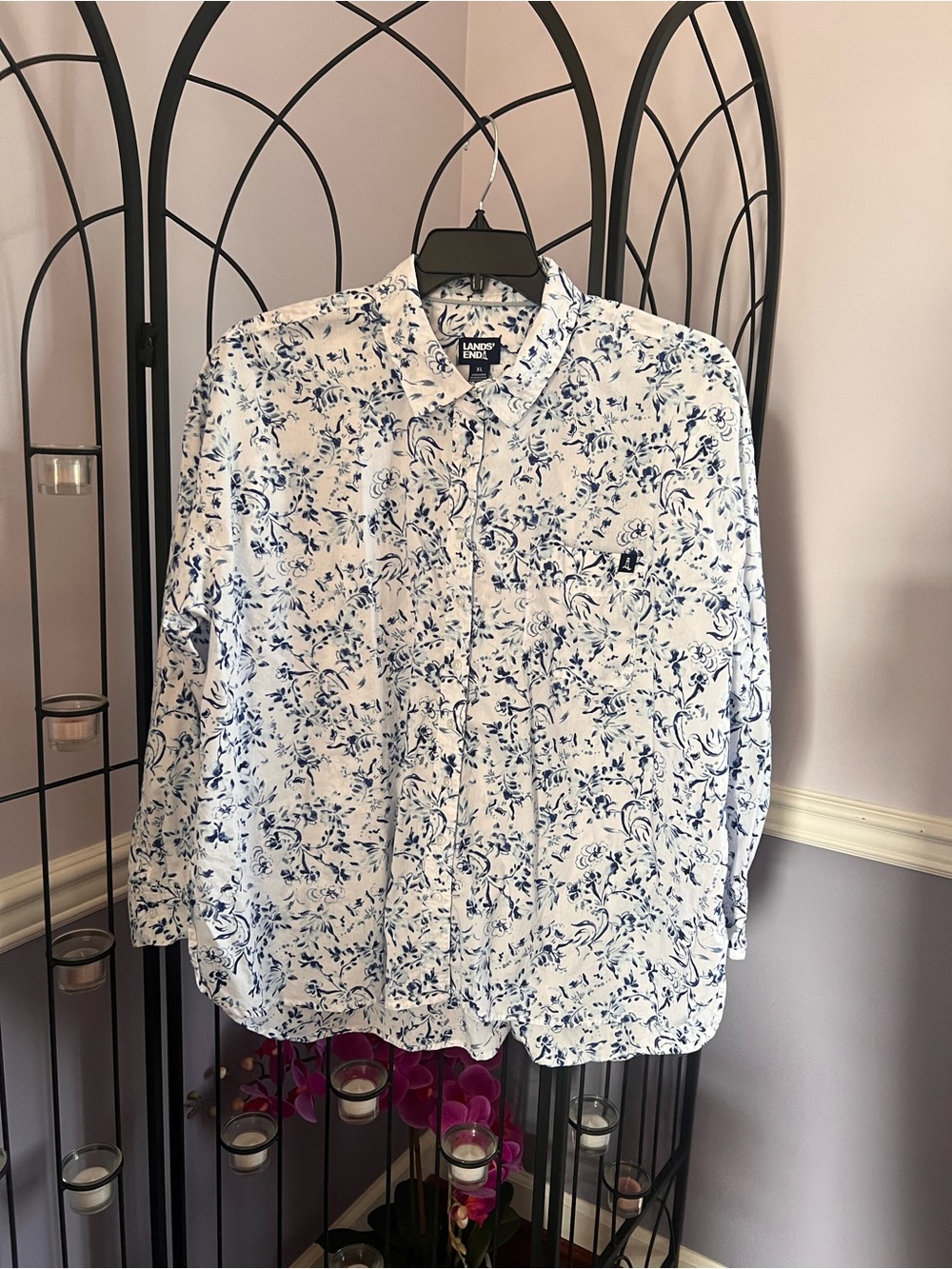 Lands' End White Button-Up Blouse with Blue Floral Print